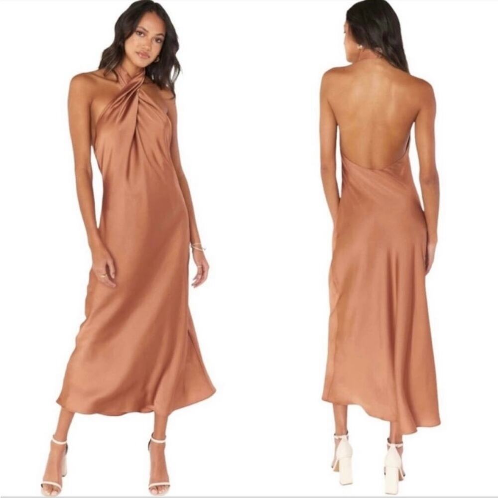 show me your mumu jasmine halter midi dress copper luxe satin xsmall